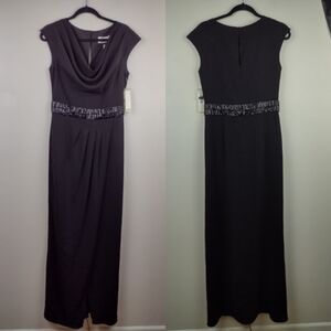 BADGLEY MISCHKA Black Cap Sleeve Cowl Neck Wrap Front Long Column Dress,…